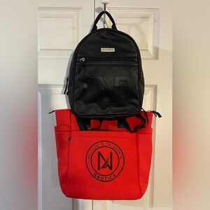 Nautica Faux Leather Black Backpack & Red Nylon Tide Mark Tote Bag Bundle Of Two